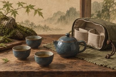 Bluestone Glazed Kuai Ke Bei Travel Tea Set