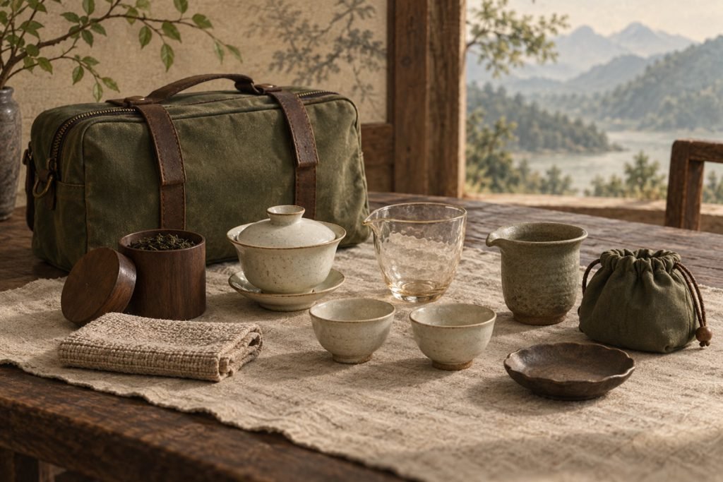 Illustrated A travel gongfu setup: pack, brew, dry and repack — AI-generated editorial artwork