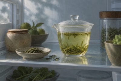 Illustrated Cold-brew loose-leaf tea: a measured refrigerator method — AI-generated editorial artwork
