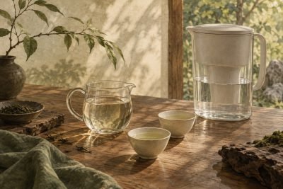 Illustrated Water for tea: troubleshoot hardness, odor and a flat cup — AI-generated editorial artwork