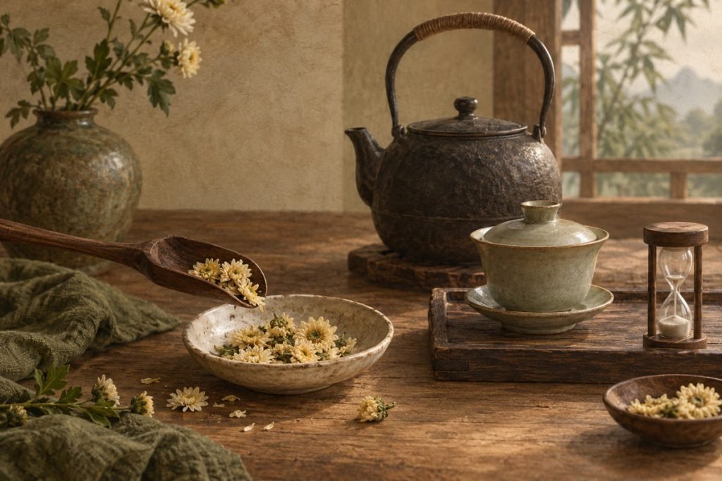 Illustrated Brewing chrysanthemum tea: adjust flower dose and bitterness — AI-generated editorial artwork