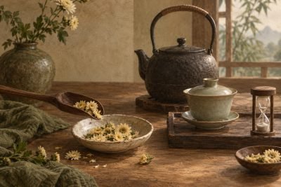 Illustrated Brewing chrysanthemum tea: adjust flower dose and bitterness — AI-generated editorial artwork