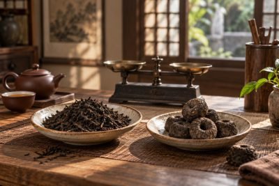 Editorial illustration: Loose ripe pu-erh vs mini tuocha: control or convenience?