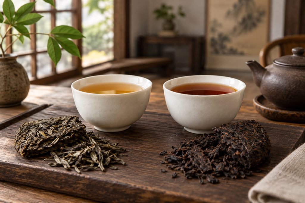 Editorial illustration: Raw vs ripe pu-erh: choose the kind of session you want