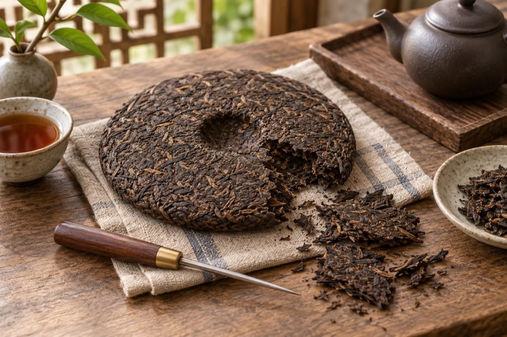 Editorial illustration: How to separate a pu-erh cake without crushing the whole cake