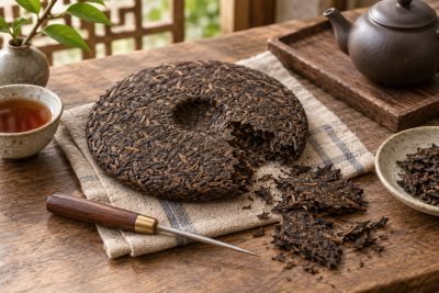 Editorial illustration: How to separate a pu-erh cake without crushing the whole cake