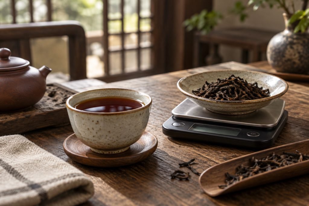 Editorial illustration: Pu-erh caffeine: compare a cup, not a color