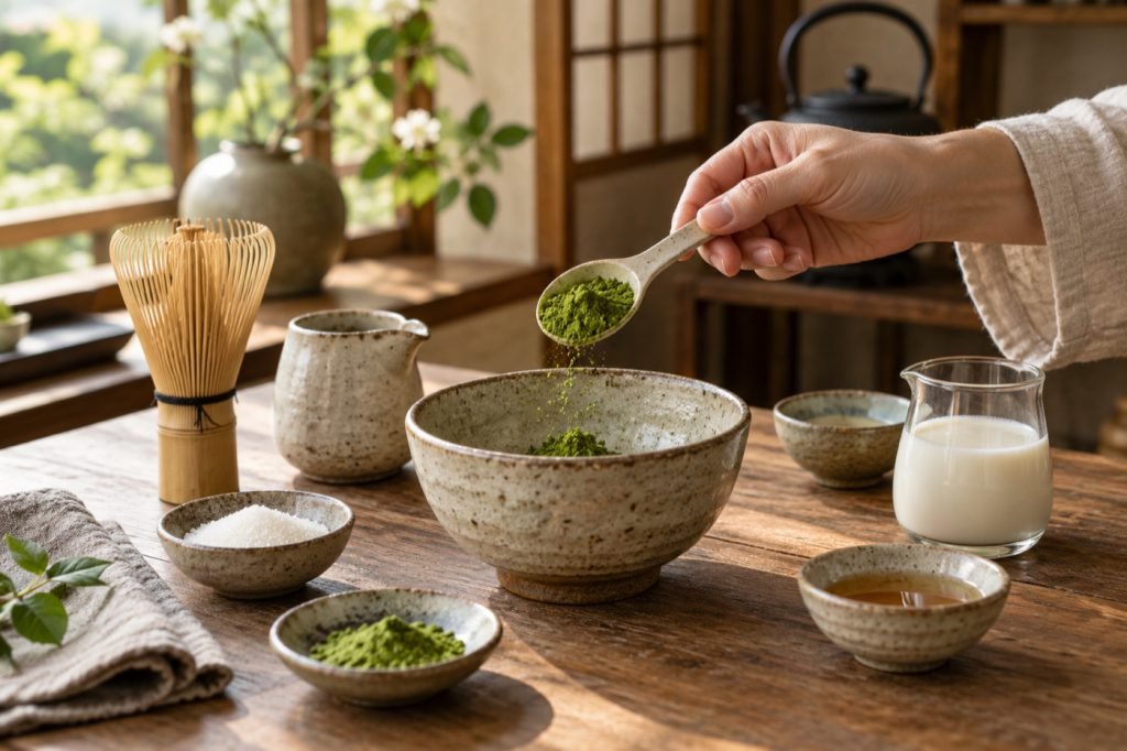Editorial illustration: Cooking with matcha: choose one preparation and measure it