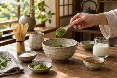 Editorial illustration: Cooking with matcha: choose one preparation and measure it