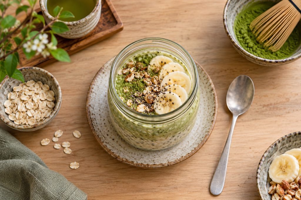 Editorial illustration: Matcha overnight oats: a measured breakfast draft