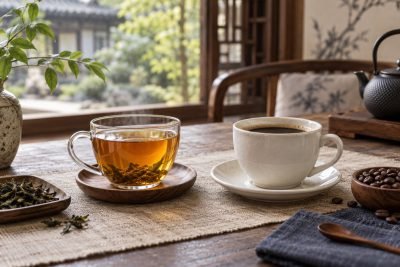 Editorial illustration: Tea vs coffee: compare the serving you actually drink
