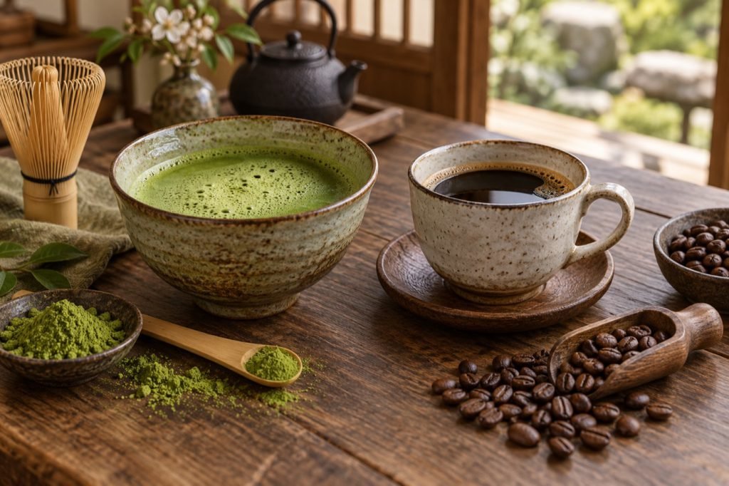 Editorial illustration: Matcha vs coffee: powder dose changes the comparison