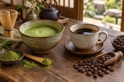 Editorial illustration: Matcha vs coffee: powder dose changes the comparison