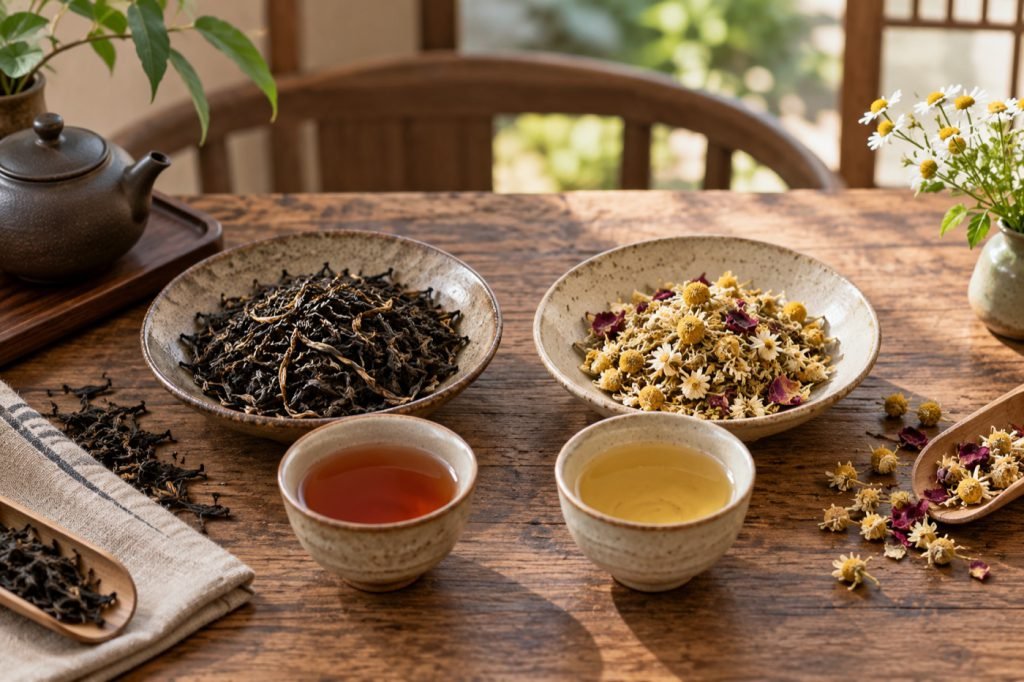 Editorial illustration: Decaf vs caffeine-free tea: read the ingredient list