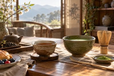 Editorial illustration: Morning tea choices: an earthy cup or a measured matcha drink