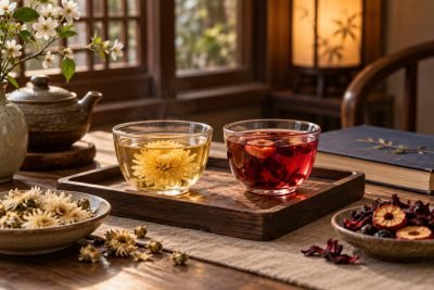 Editorial illustration: Caffeine-free evening infusions: floral or fruity?