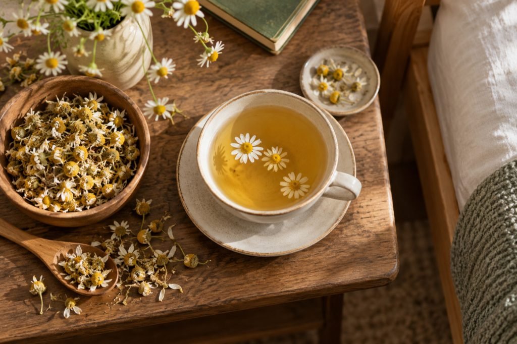 Editorial illustration: Chamomile tea and sleep: separate the ritual from the evidence