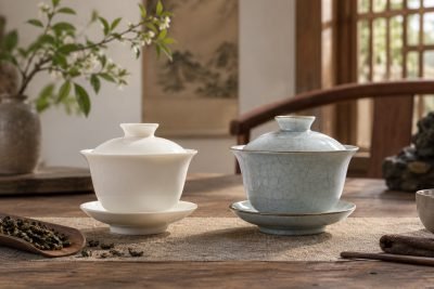Editorial illustration: White Porcelain vs Ru Yao Gaiwan: light simplicity or a heavier bowl?