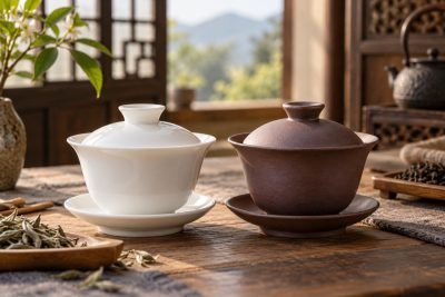 Editorial illustration: White Porcelain vs Yixing Zisha Gaiwan: rotating teas or a clay routine?