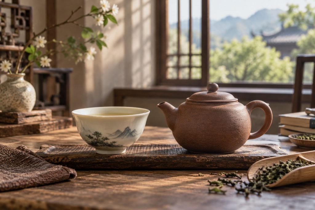 Editorial illustration: Porcelain vs clay teaware: variety, care and tea choice