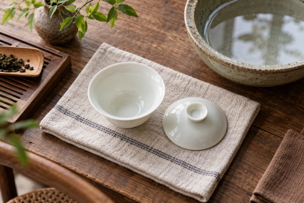 Editorial illustration: Cleaning a gaiwan: glazed porcelain and unglazed clay need different care