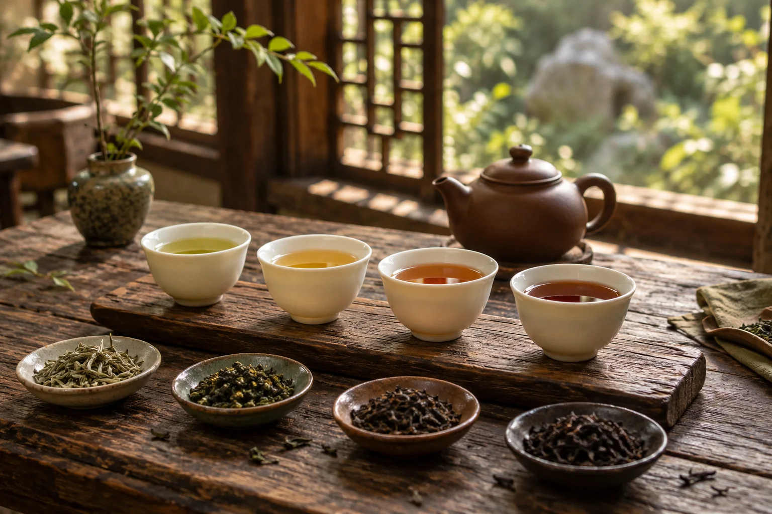 A flight of four teas with loose leaves and a clay teapot in a traditional tea house.