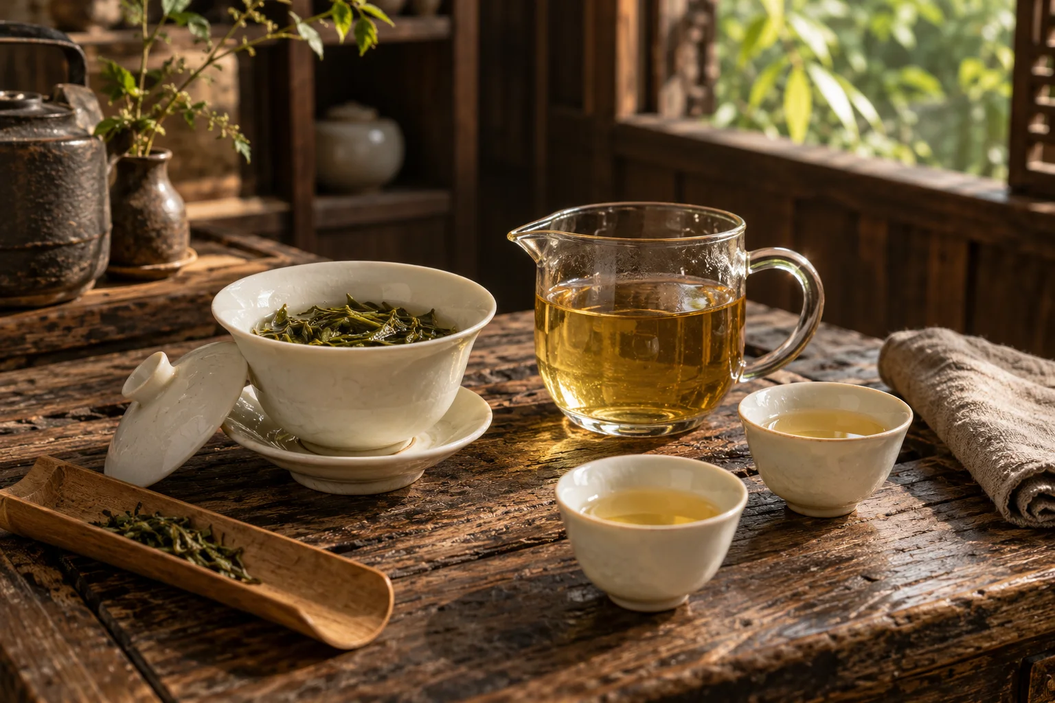 A gaiwan, fairness pitcher and tasting cups arranged for brewing tea.