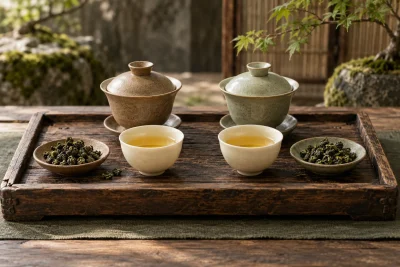 Illustrated tea setting — AI-generated editorial artwork