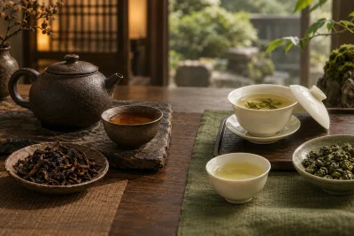 Illustrated tea setting — AI-generated editorial artwork