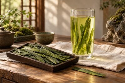 Editorial illustration of long green tea leaves in a glass