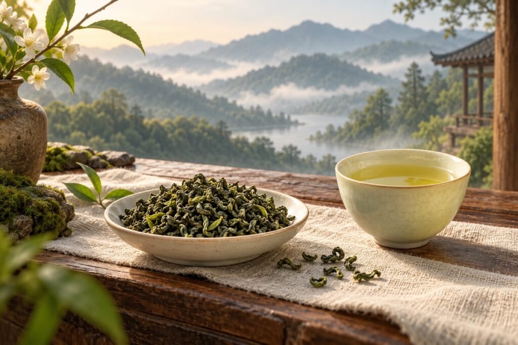 Editorial illustration of curled green tea and a cup