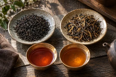 AI-generated tea and teaware scene for Keemun vs Dian Hong: structure or a sweeter cocoa direction? — editorial illustration