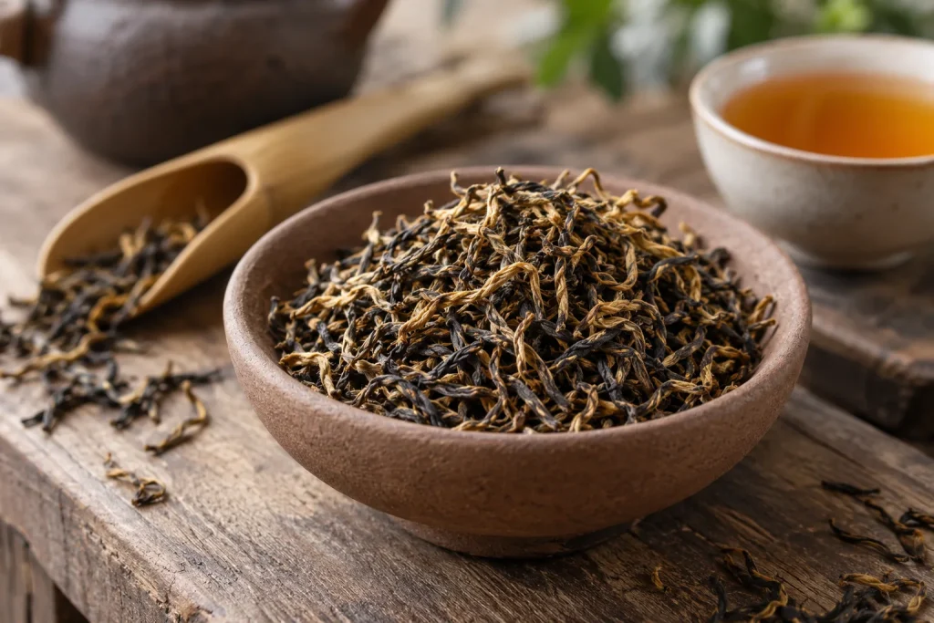 AI-generated tea and teaware scene for Golden Monkey tea: what the name and grade can tell you — editorial illustration