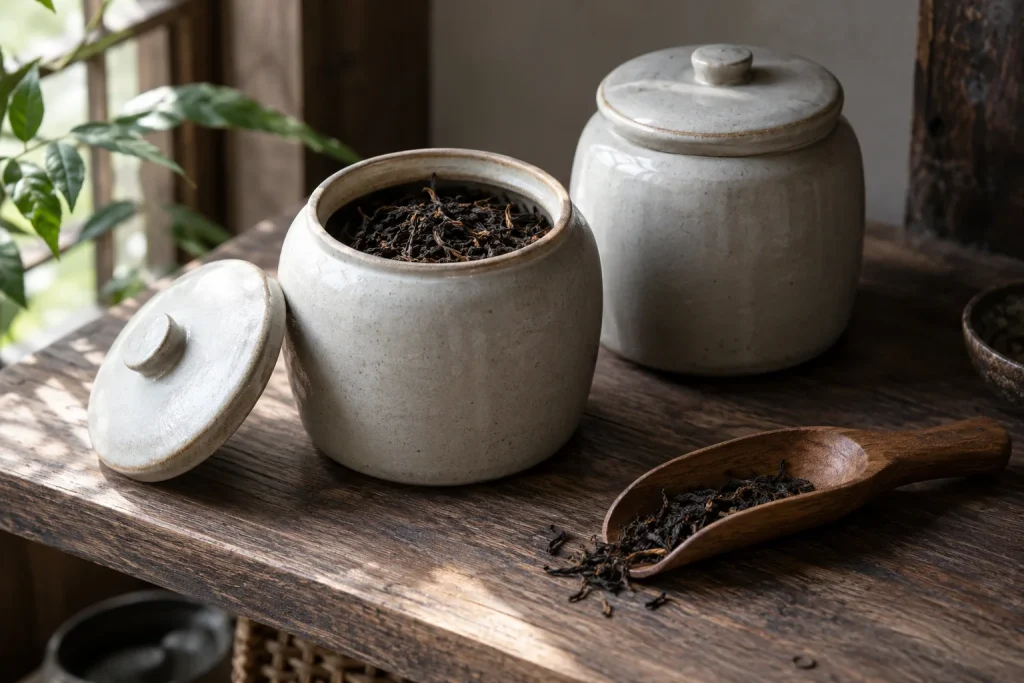 AI-generated tea and teaware scene for Storing Chinese black tea after opening: a practical cupboard routine — editorial illustration