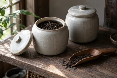 AI-generated tea and teaware scene for Storing Chinese black tea after opening: a practical cupboard routine — editorial illustration