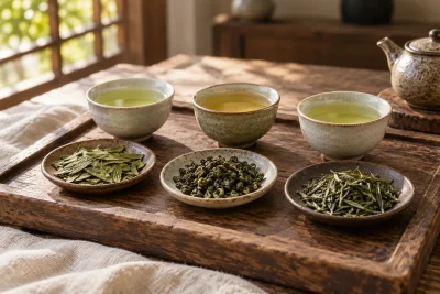 AI-generated tea and teaware scene for Best Chinese green teas for beginners: four different starting cups — editorial illustration
