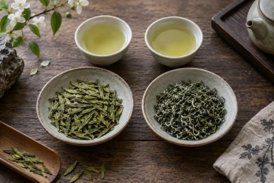 AI-generated tea and teaware scene for Longjing vs Bi Luo Chun: choose the green-tea experience you want — editorial illustration