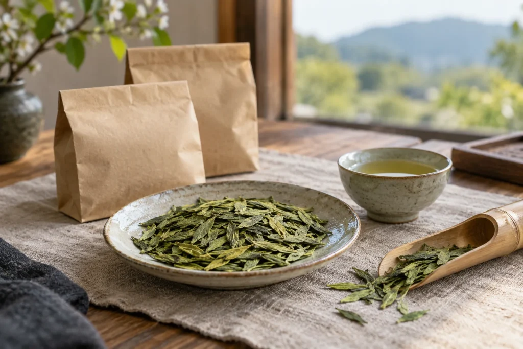 AI-generated tea and teaware scene for Buying Dragon Well: harvest, Ming Qian and pack size — editorial illustration