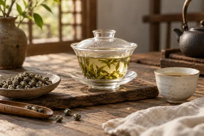 AI-generated tea and teaware scene for How to brew jasmine pearls: two recipes, one measured routine — editorial illustration