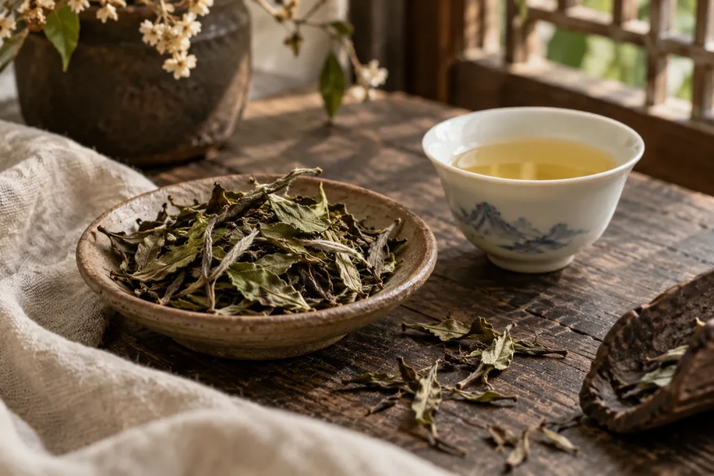 AI-generated tea and teaware scene for White Peony review: a leafy white tea for a quiet daily cup — editorial illustration