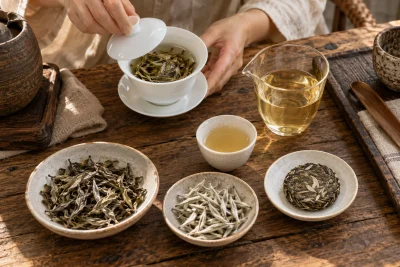AI-generated tea and teaware scene for How to brew white tea: loose leaves, buds and mini cakes — editorial illustration