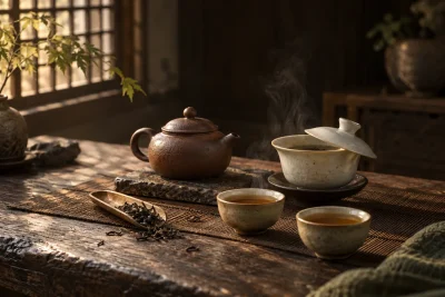 Tea leaves and cups in a tea-house setting — AI-generated editorial illustration